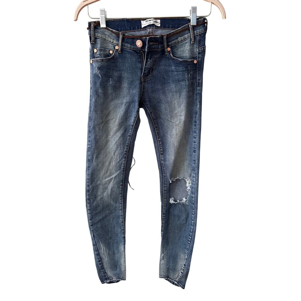 One Teaspoon Sz 26 Loonies Low Rise Curved Skinny Leg Distressed Denim Blue Jean - Picture 1 of 4